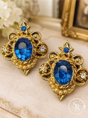 VTG Signed Coro Blue Crystal Faux Pearl Brooch Pin Set of 2